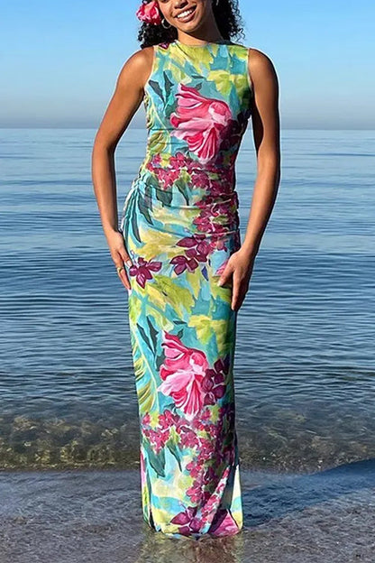 Rosiedress Sleeveless Back Cut Out Slit Tropical Floral Print Maxi Dress