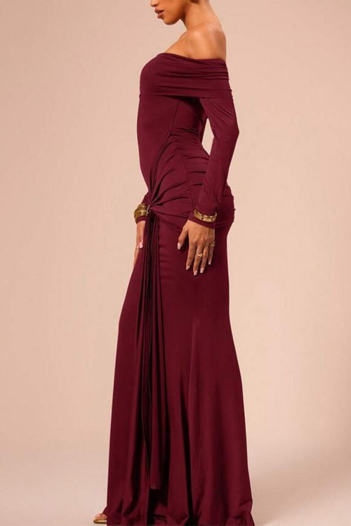 Off Shoulder Knot Front Bodycon Maxi Party Dress
