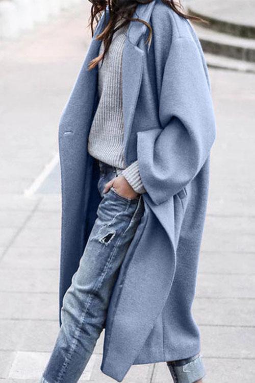 Rosiedress Solid Long Sleeve Oversized Winter Long Coat Blue