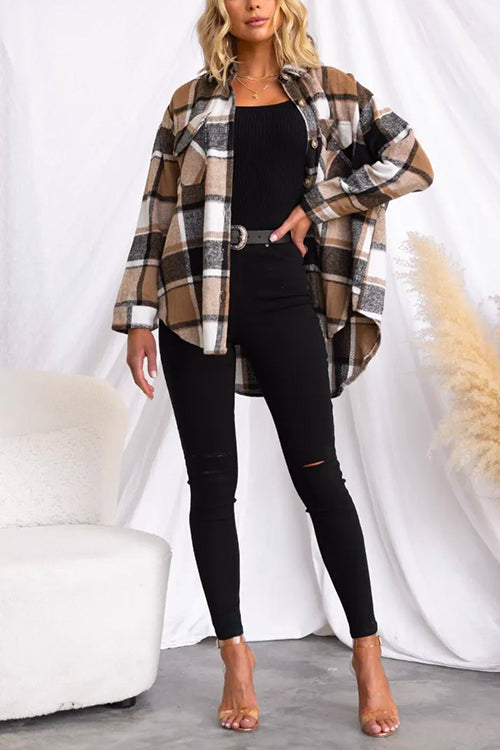 Rosiedress Lapel Button Down Pockets Plaid Shacket Coat