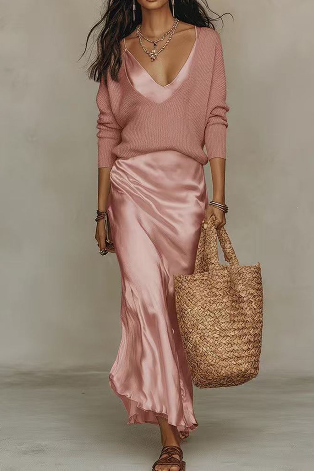 V Neck Drop Shoulder Sweater and Satin Maxi Cami Dress Set