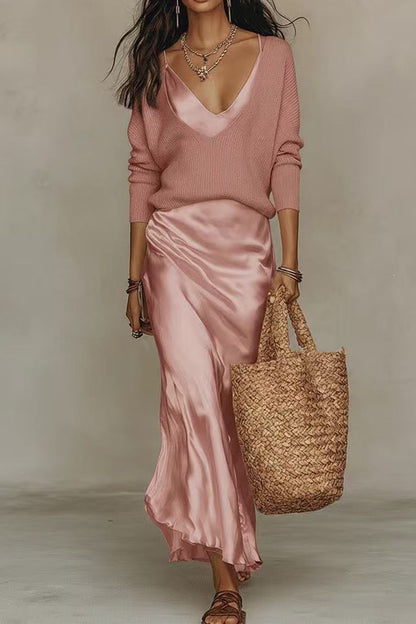 V Neck Drop Shoulder Sweater and Satin Maxi Cami Dress Set