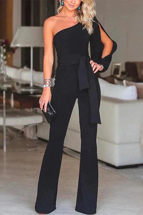 Rosiedress One Shoulder Slit Sleeve Tie Knot Jumpsuit Black