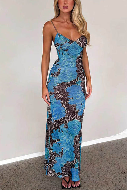 V Neck Color Block Leopard Print Maxi Cami Dress