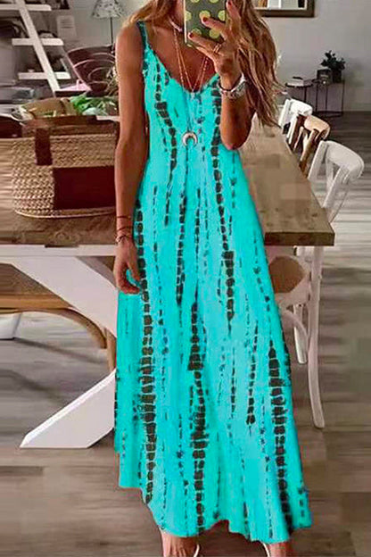 V Neck Tie Dye Swing Maxi Cami Dress Cyan