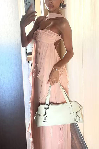 Sleeveless Open Back Ruffle Trim Slit Maxi Dress