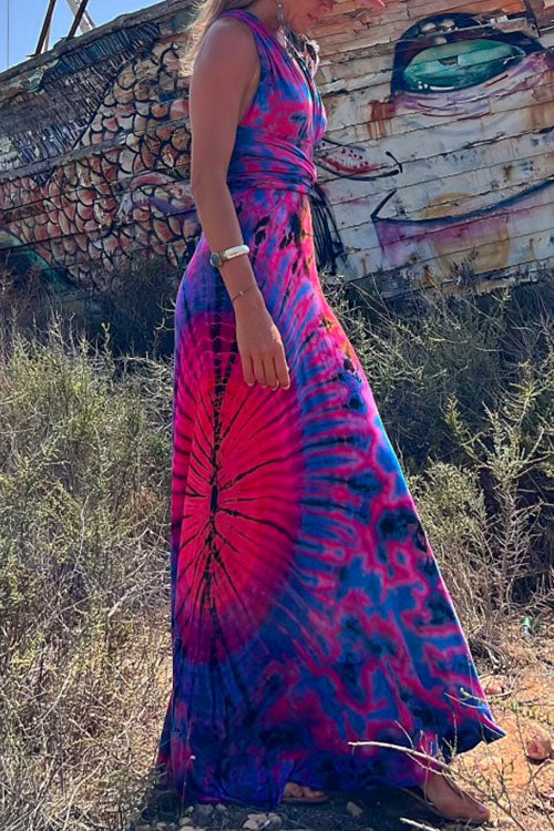 Rosiedress V Neck Criss Cross Backless Tie Dye Maxi A-line Dress