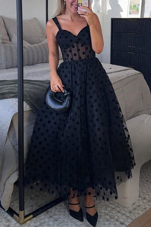 A-Linien-Midi-Camisole-Kleid aus gepunktetem Mesh mit V-Ausschnitt