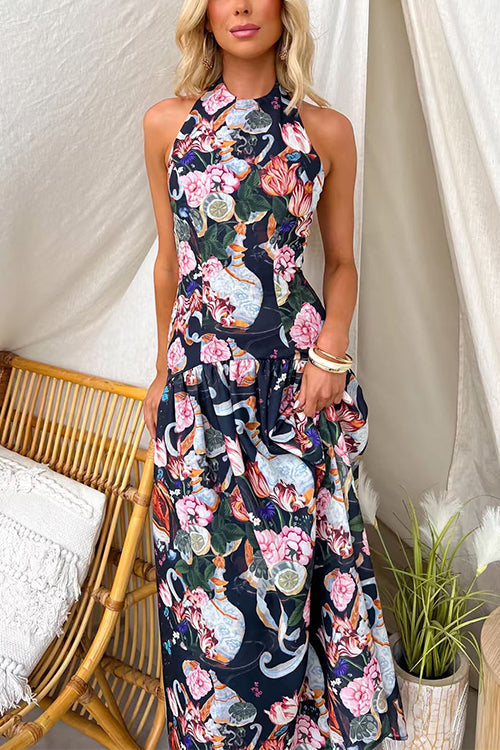 Halter Neck Floral Print Swing Maxi Dress