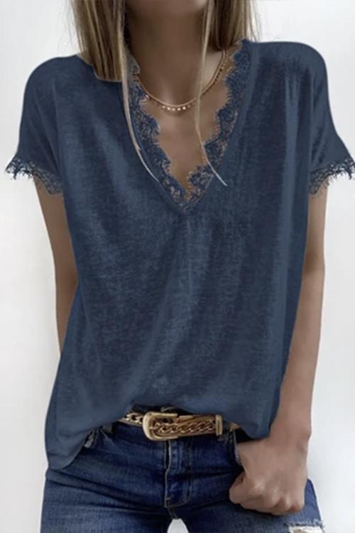 V Neck Solid Lace Blouse Top