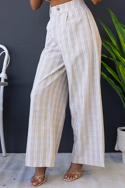 High Waist Wide Leg Pocketed Plaid Pants