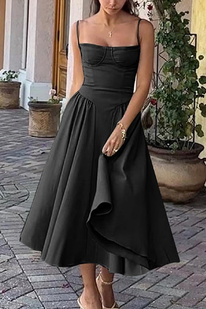 Spaghetti Strap Pocketed Corset Swing Midi Dress Black