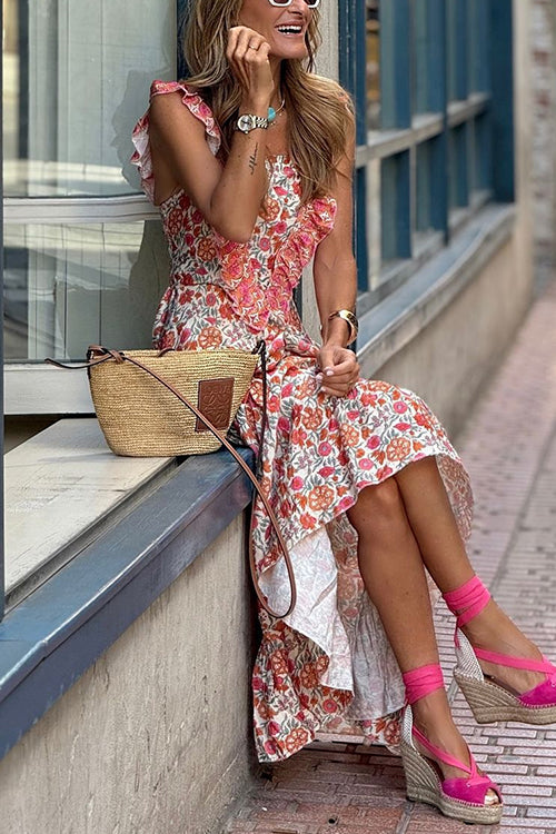 Rosiedress Ruffle Trim Sleeveless Floral Print Maxi Dress