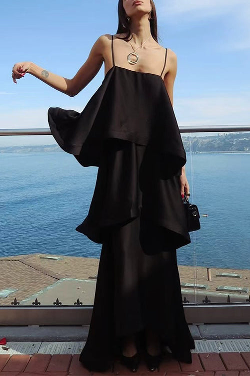 Spaghetti Strap Ruffle Layered Satin Maxi Dress