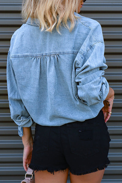 Rosiedress Long Sleeves Drawstring Hem Cropped Denim Shirt