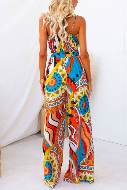 Spaghetti Strap Tie Knot Front Wide Leg Printed Jumpsuit