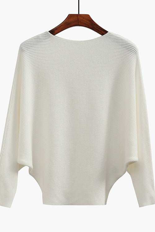 Boat Neck Batwing Sleeves Ribbed Knit Sweater White S M
