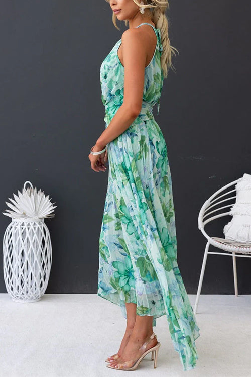 Rosiedress V Neck Waisted Cut Out Floral Pleated Maxi Dress