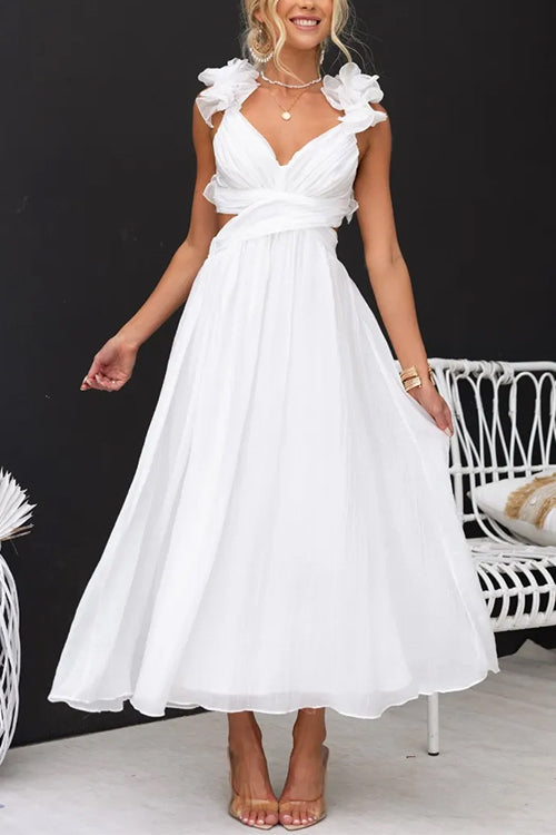 Back Lace-up Ruffle Trim Sleeveless Maxi Dress White