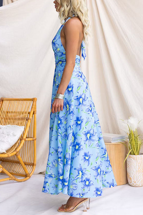 Halter Neck Backless Waisted Floral Print Swing Maxi Dress