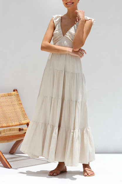 Rosiedress V Neck Ruffle Trim Tiered Sleeveless Linen Maxi Dress