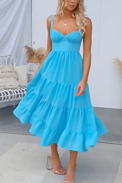 Backless Ruffle Tiered Corset Midi Cami Dress Blue