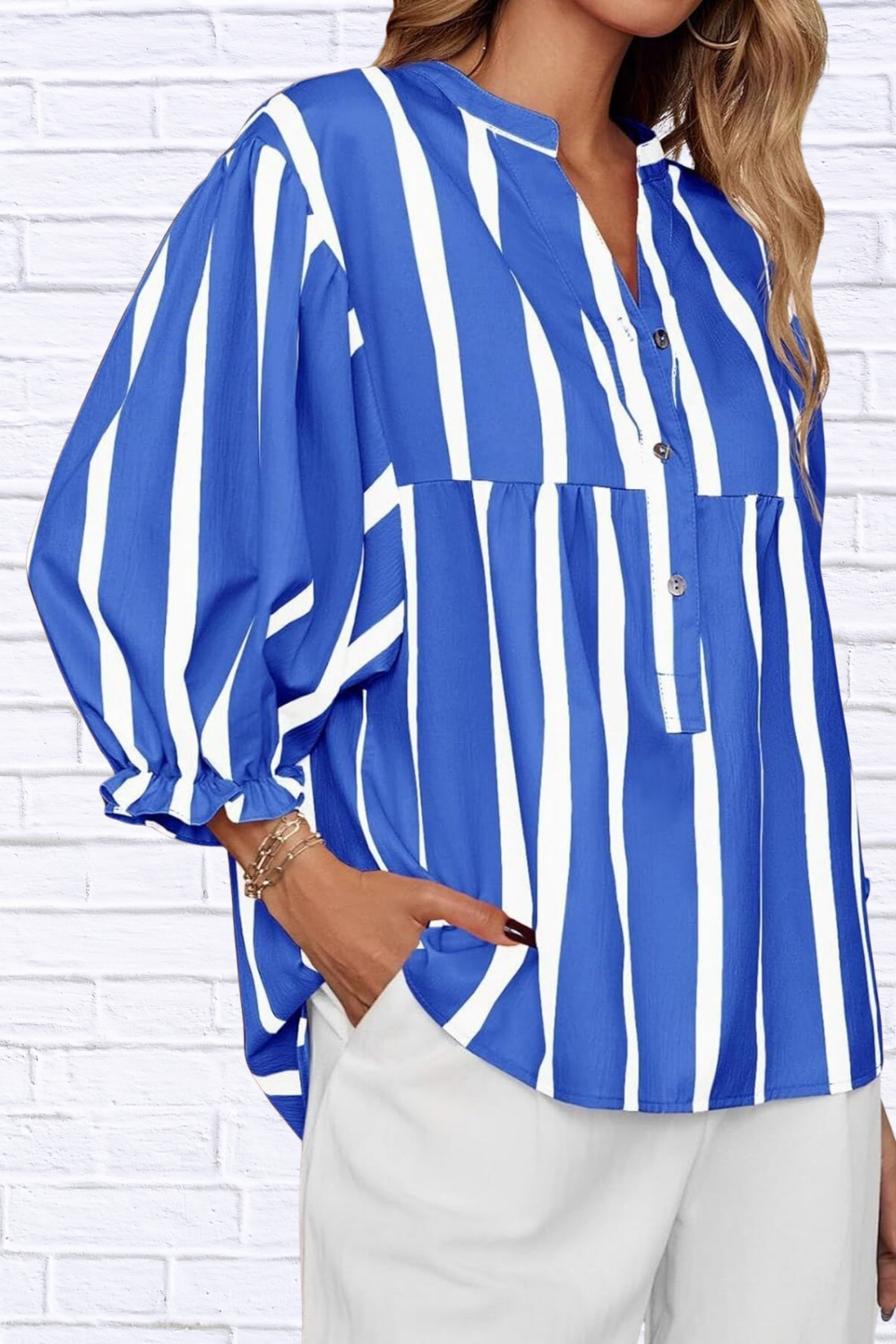Striped Button Front Notched Blouse
