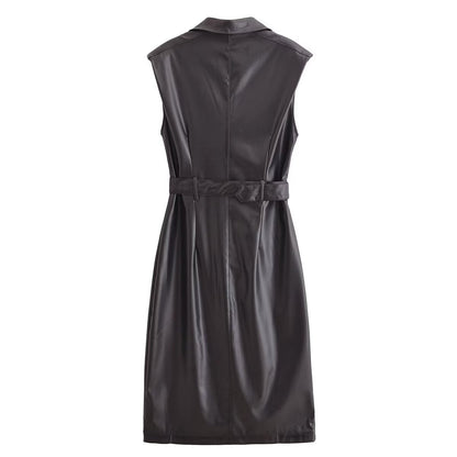 Faux Leather Sleeveless Trench Coat Dress