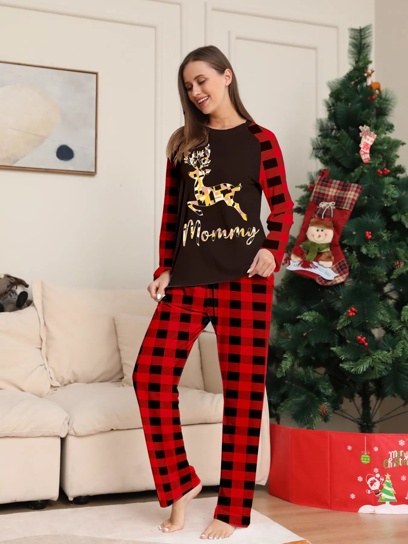 Full Size Family Matching Christmas Pajamas Set with Reindeer Graphic Plus Size