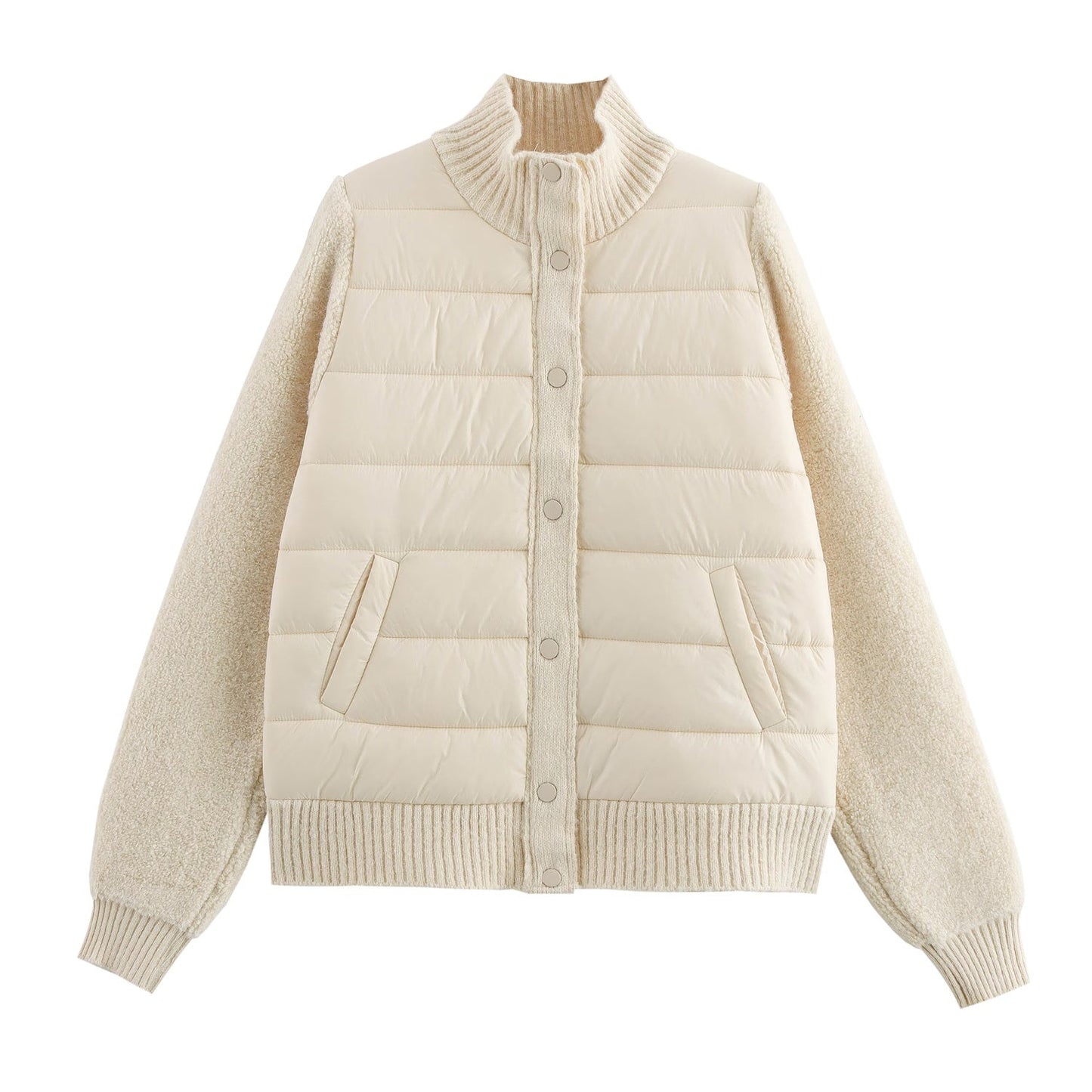 Stand-Collar Knitted Patchwork Jacket
