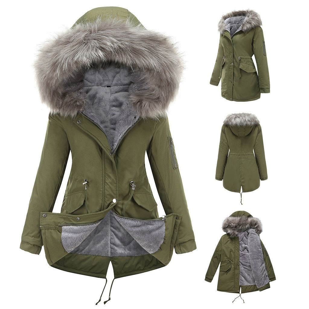 Big Fur Collar Cotton-Padded Coat Mid-Length