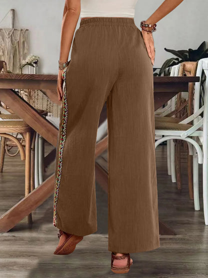 Bohemian Wide Leg Embroidered Side Stripe Pants