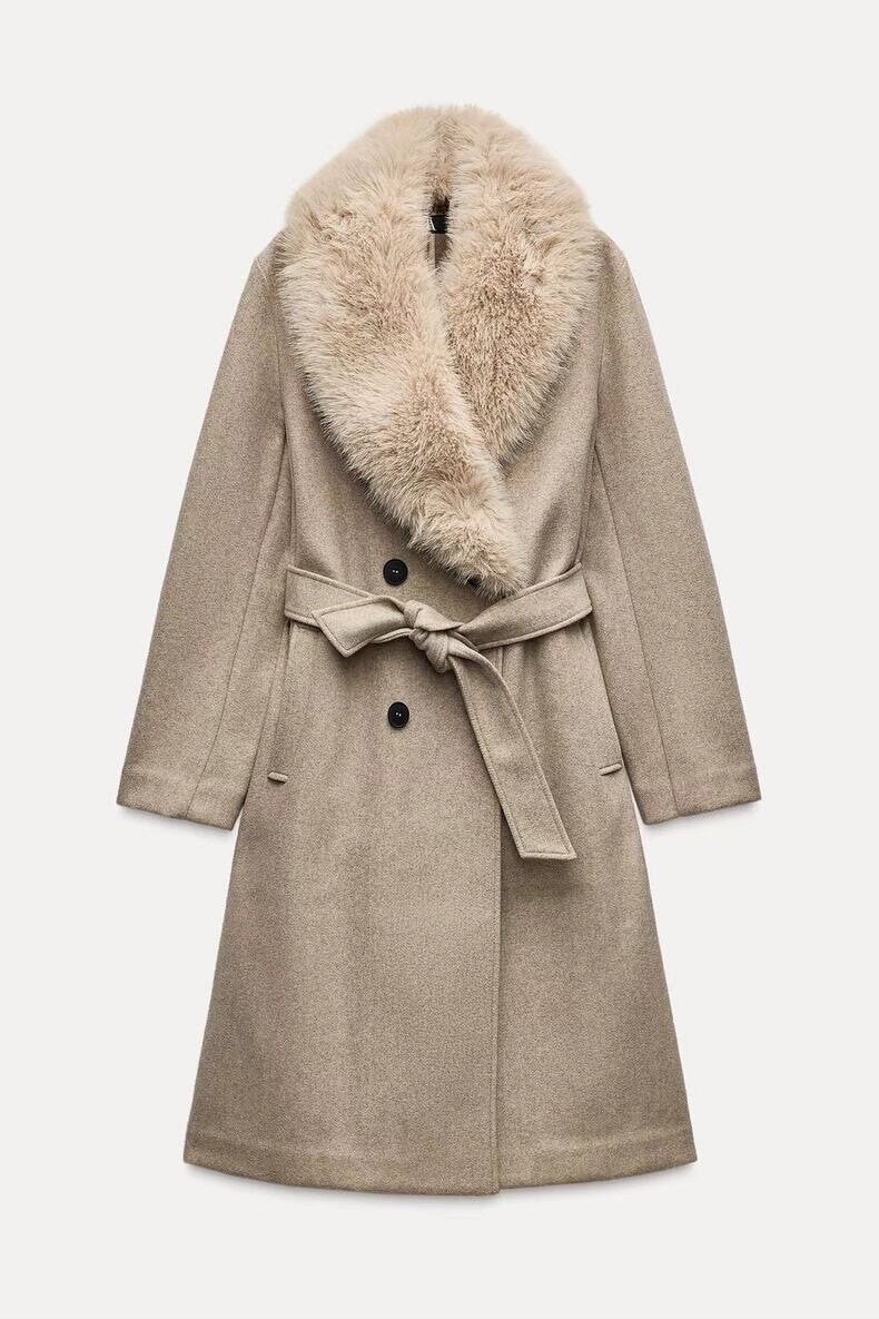 Artificial Fur Belted Trench Coat