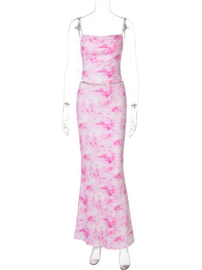 Women Clothing Spring Sexy Print Bandeau Sling Top Sexy Skirt Set