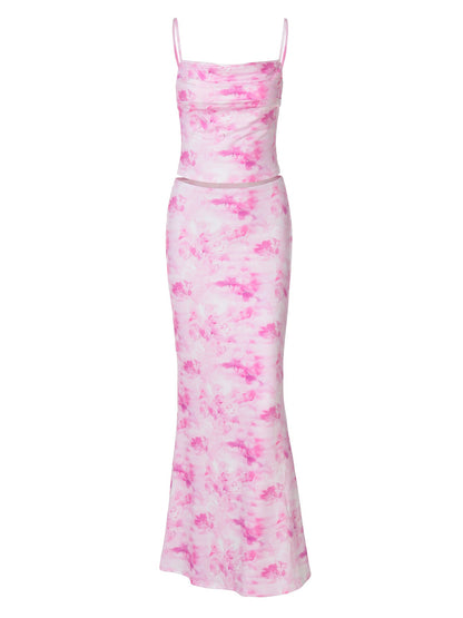 Women Clothing Spring Sexy Print Bandeau Sling Top Sexy Skirt Set