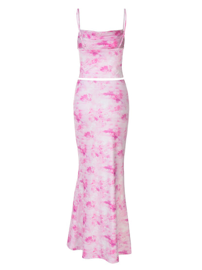 Women Clothing Spring Sexy Print Bandeau Sling Top Sexy Skirt Set