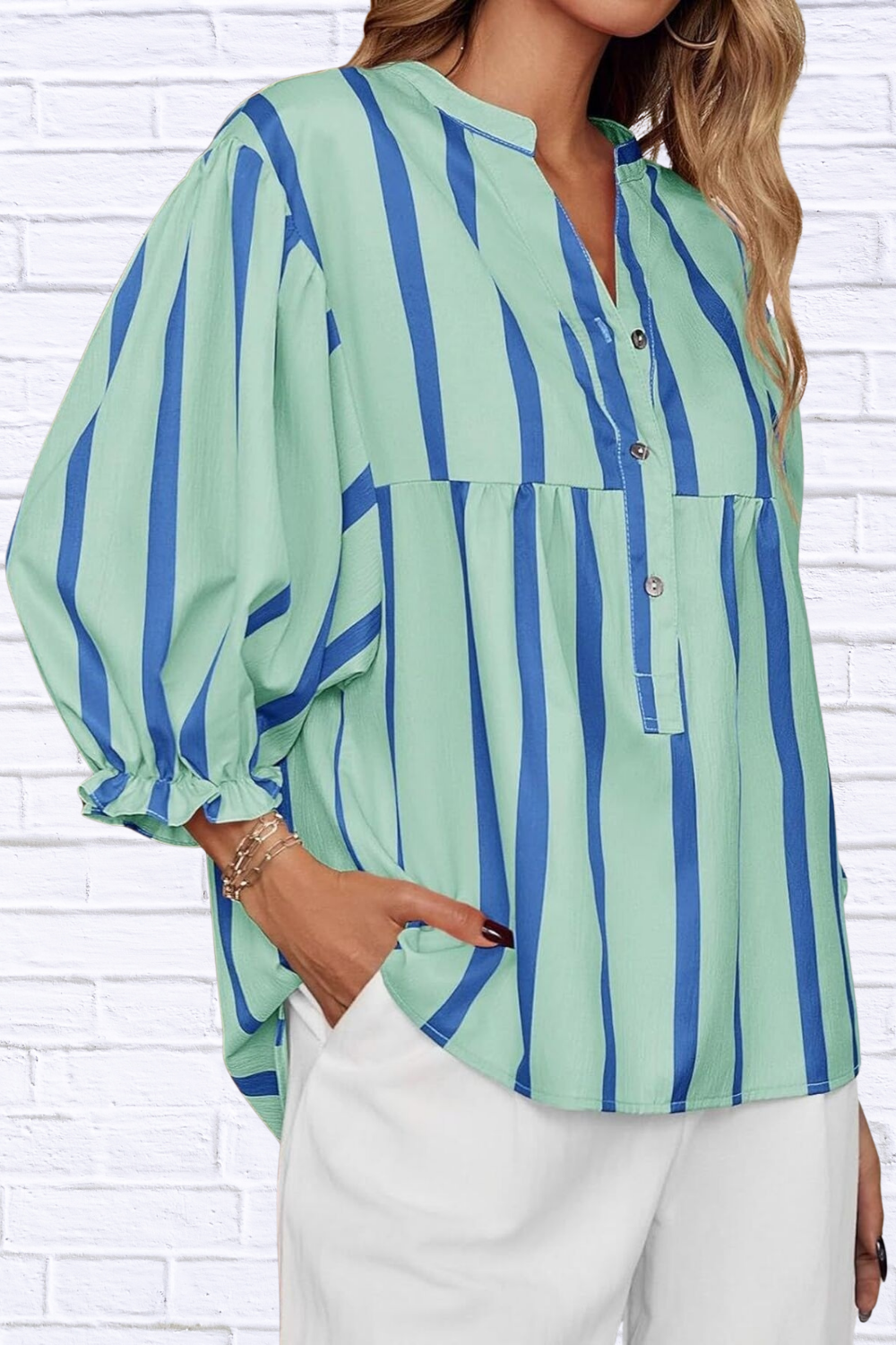 Striped Button Front Notched Blouse