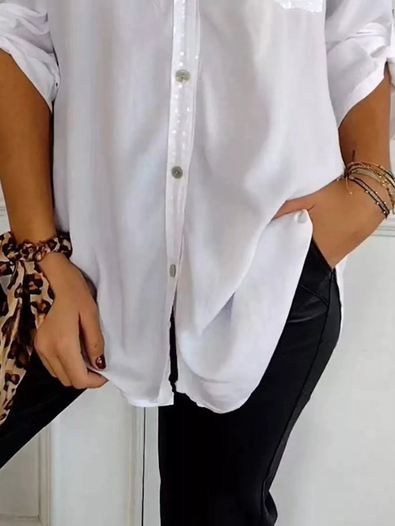 Full Size Sequin Detail Button-Down Shirt Plus Size