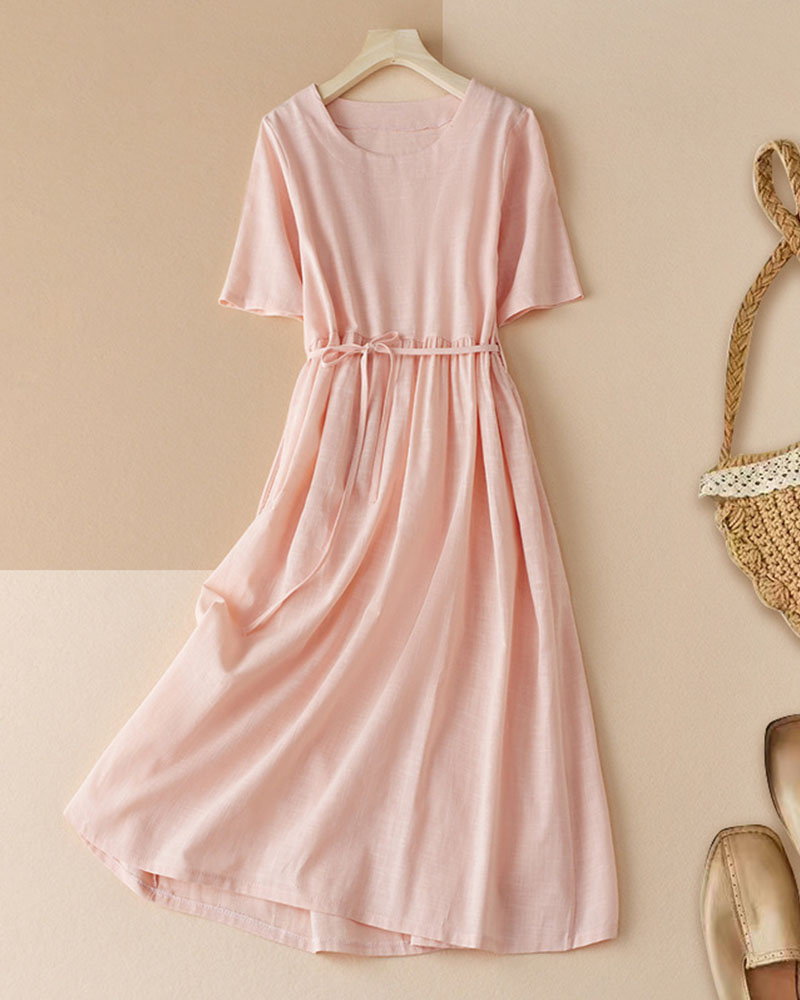 Cotton Linen Round Neck Casual Dress