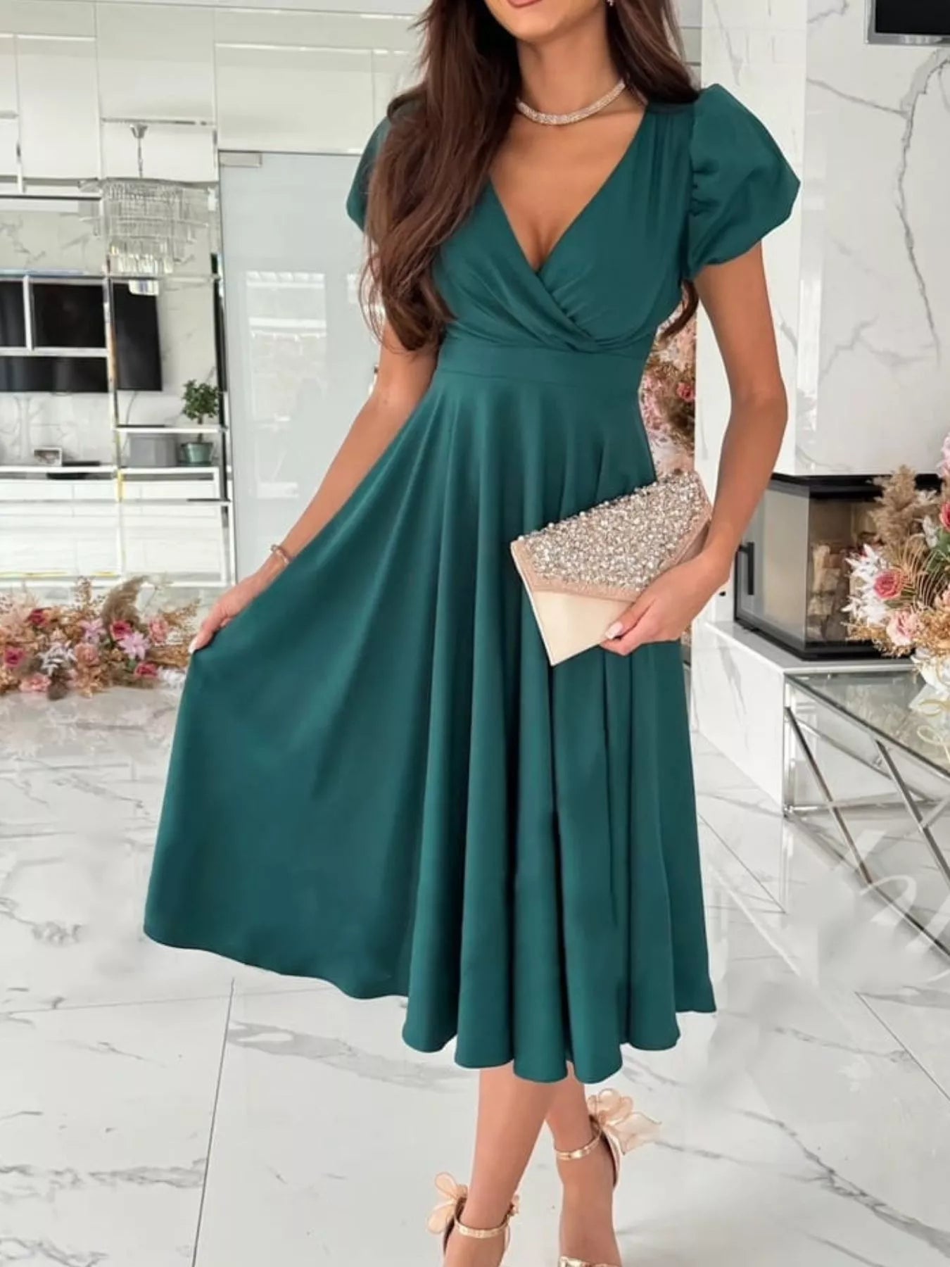 Surplice Puff Sleeve Midi Dress