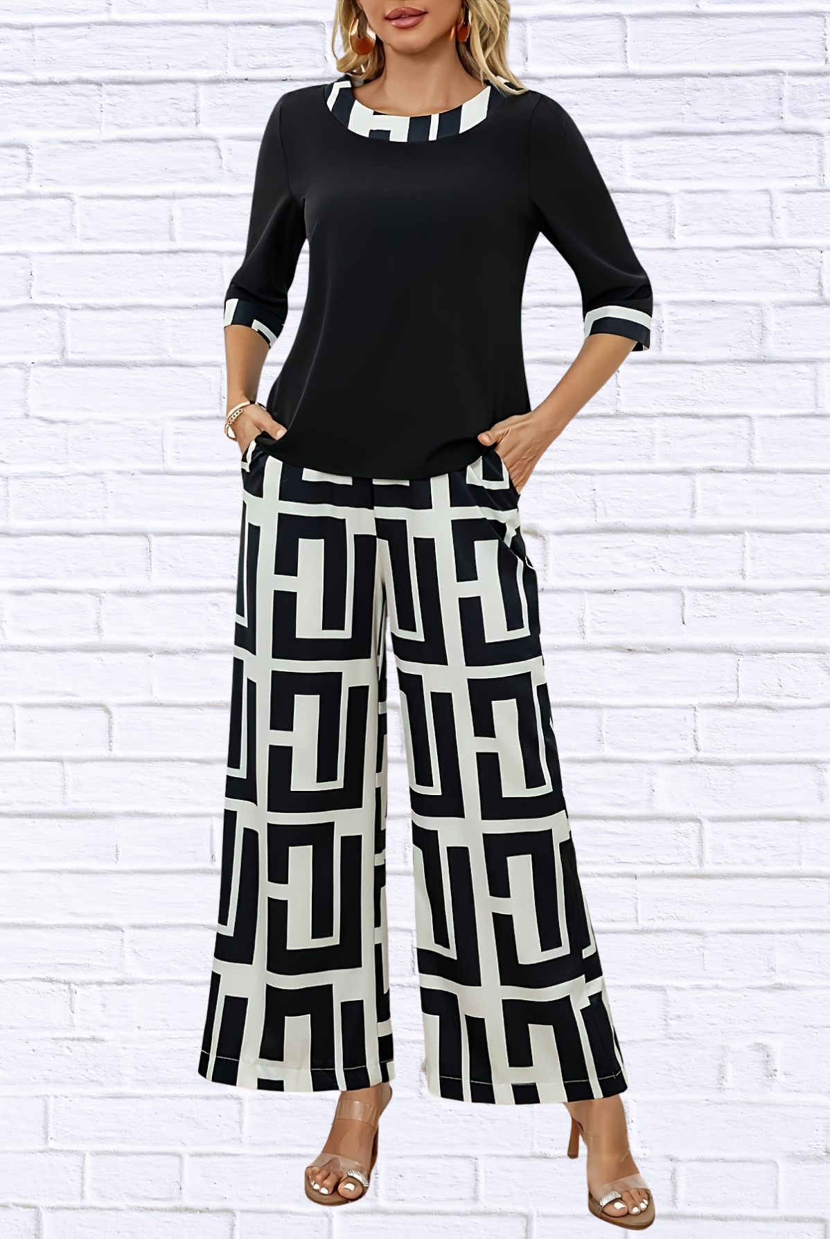 Geometric Print Round Neck Top and Pants Two-Piece Set
