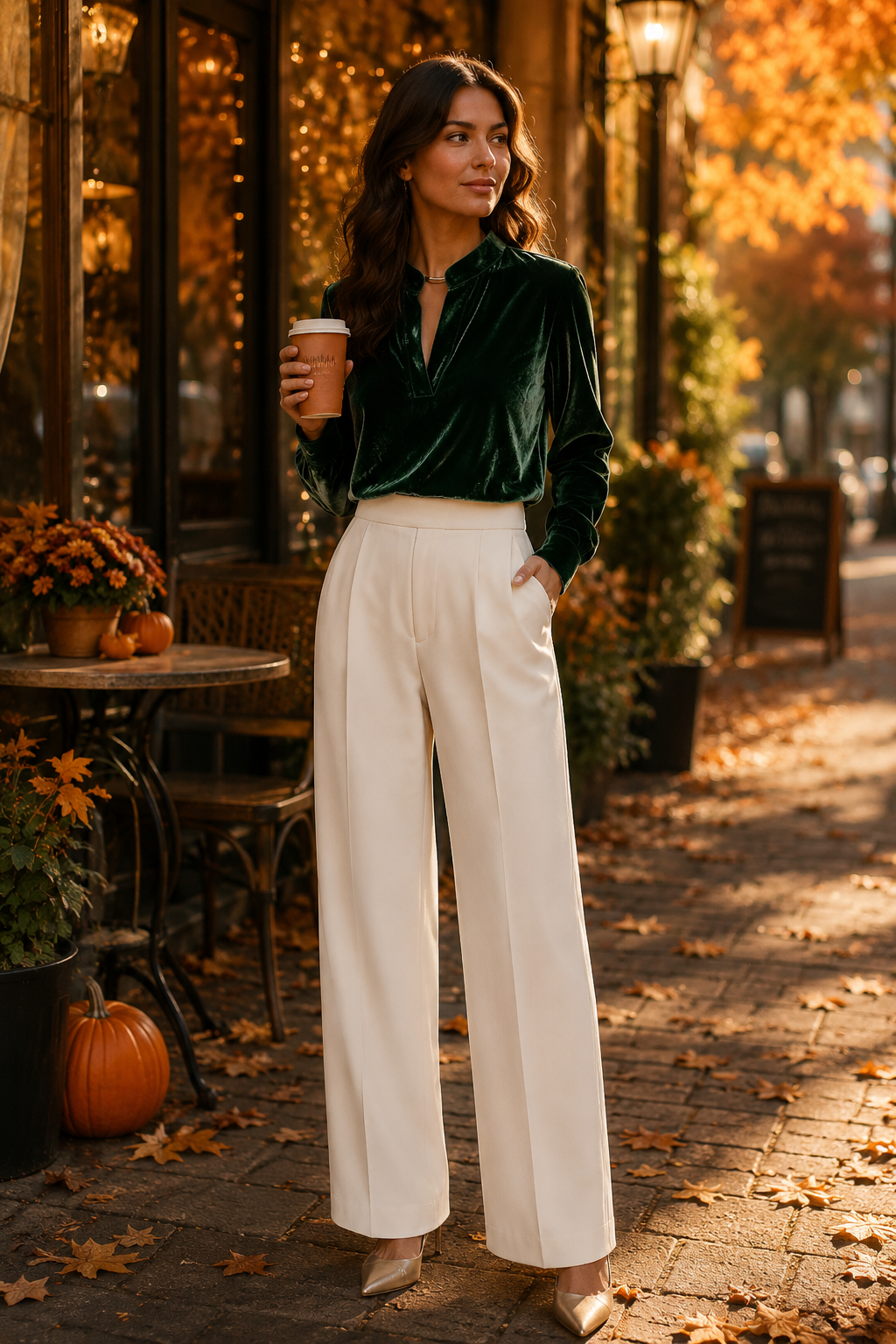 Plus Size Velvet Notched Long Sleeve Blouse