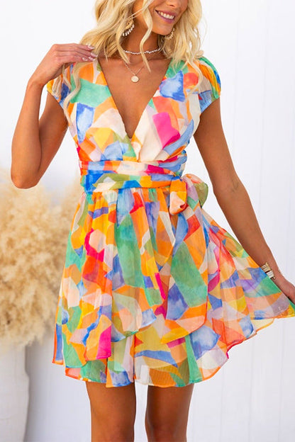 Wrap V Neck Tie Waist Printed Ruffle Mini Dress Printed