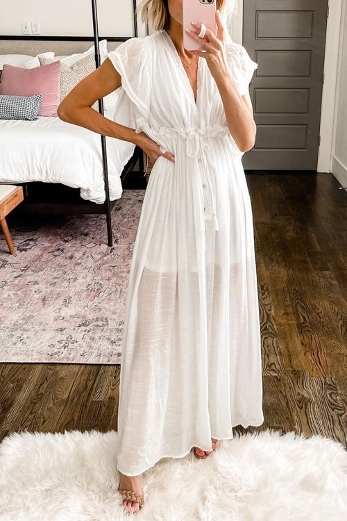 Deep V Neck Drawstring Waist Button Down Maxi Beach Cover Up Dress