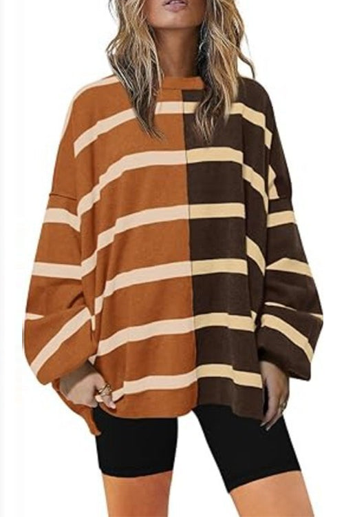 Rosiedress Long Sleeves Color Block Striped Oversized Sweatshirt