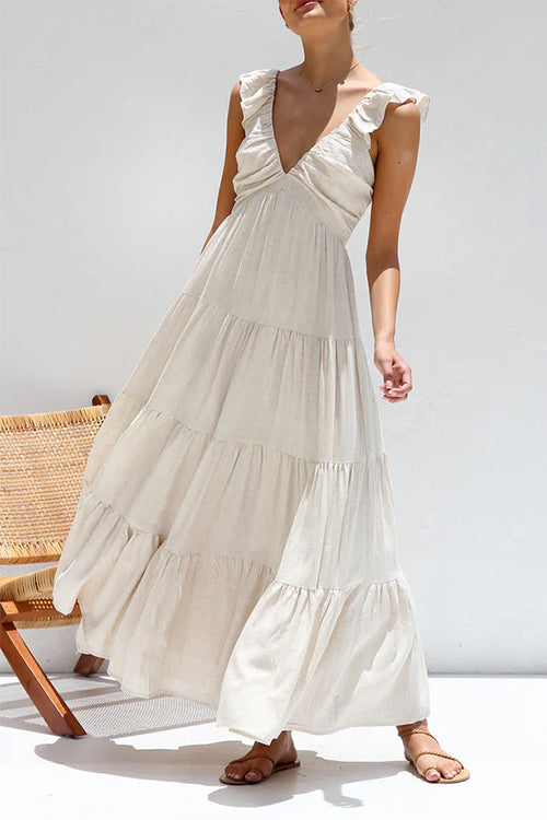 Rosiedress V Neck Ruffle Trim Tiered Sleeveless Linen Maxi Dress