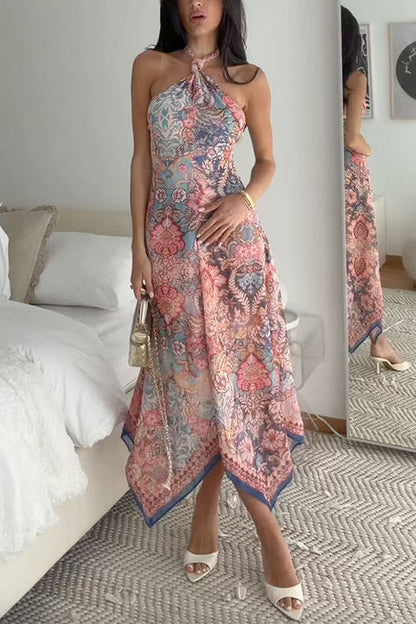 Halter Neck Open Back Floral Print Maxi Dress