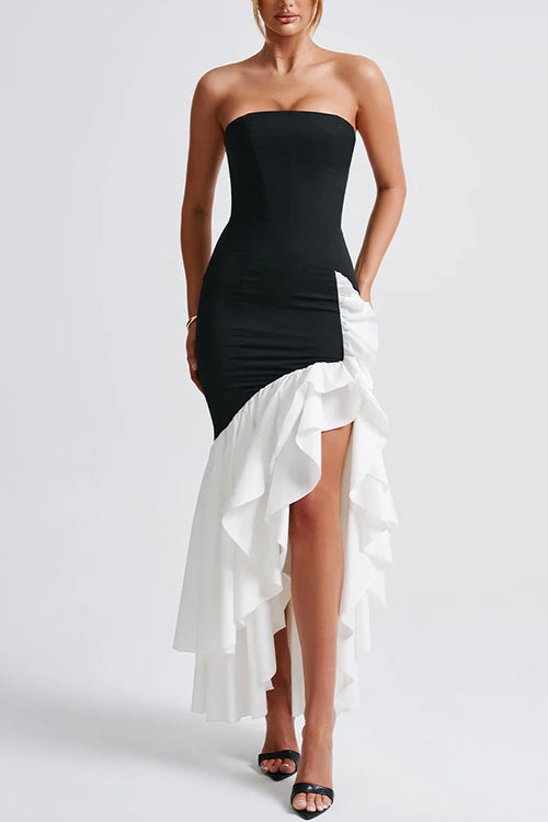 Strapless Color Block Ruffle Layered Bandeau Maxi Dress