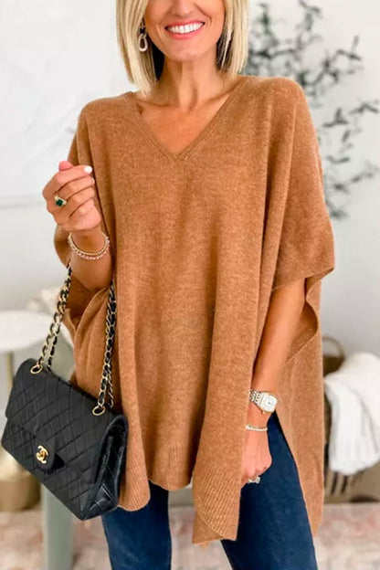 V Neck Loose Fit Solid Poncho Sweater Camel