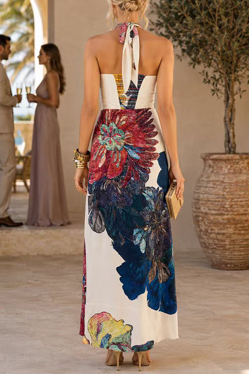 Halter Neck Sleeveless Floral Print Maxi Dress